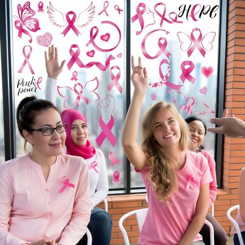 9 Sheets Breast Cancer Awareness Window Clings, 79 Kinds of Pink Window PVC Stickers for Pink Ribbon Decorations, Hope Fight Cancer Theme Windows Decals for Glass Home Decor Supplies