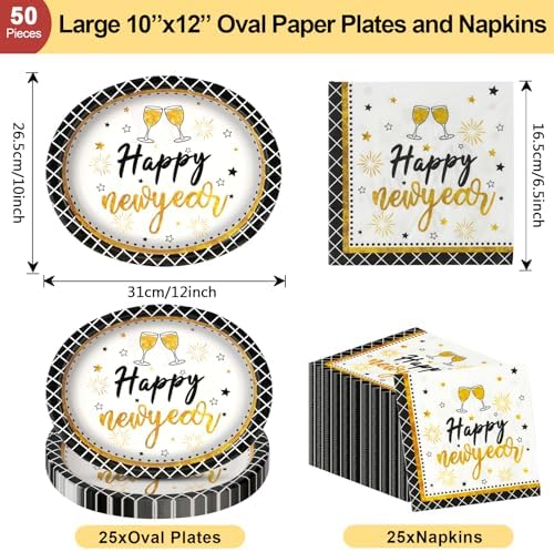 Dereinwo 50 Pcs New Year Paper Plates and Napkins Set