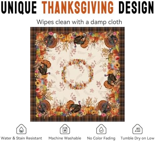 Thanksgiving Tablecloth Square 60x60 Inch, Stain Resistant Machine Washable Fabric Polyester Turkey Harvest Table Cloth Square Thanksgiving Tablecloth Table Cover for Kitchen Dining Party