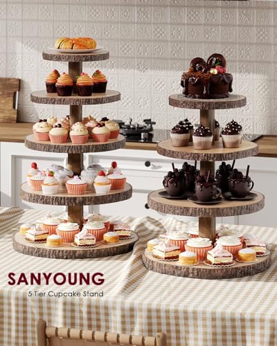 Wood Cupcake Stand, 5 Tier Cupcake Tower, Large Rustic Cake Display Holder