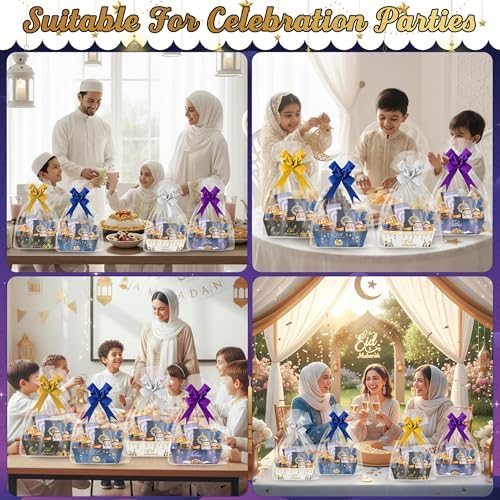 OSNIE Eid Mubarak Gift Bag Empty Baskets - 24 Sets Islamic Eid Gold Lantern and Moon Party Gift Baskets Empty with Cellophane Bags and Ribbons Bows for Festivals Holiday Business Carnival (4 Styles)