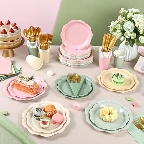 350 Pcs Sage and Pink Paper Plates and Napkins Party Supplies - Pink and Green Birthday Decoration Include Dusty Pink Sage Green Scalloped Plate Napkin Cup & Cutlery for Baby Shower, Wedding, Birthday