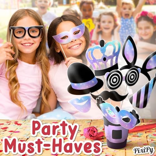 Premium Birthday Wedding Graduation Photo Booth Props Kit - 16 pc - Black & Purple - Durable & Easy-to-Use Photobooth Props Signs for Memorable Photos - Party Supply Decorations - by PixiPy