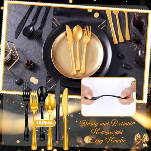 Minatee 180 Pcs Black and Gold Party Plastic Silverware Heavy Duty Cutlery Sets Disposable Utensils for Holiday Birthday Themed Party Supplies, 60 of Each Forks Knives Spoons