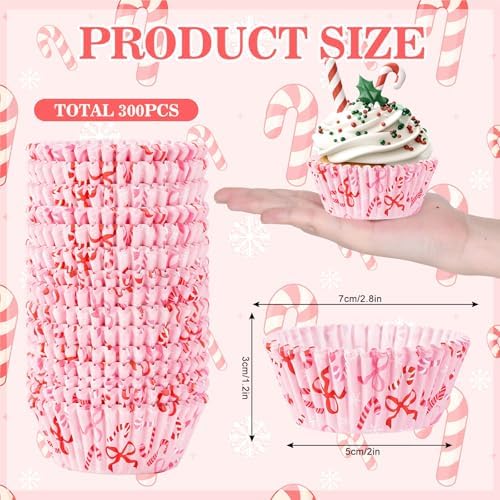 FYSUIMU 300Pcs Christmas Cupcake Liners Xmas Pink Bow Candy Paper Baking Cups Standard Muffin Cupcake Wrappers for Winter Holiday Birthday Wedding Party Supplies Table Decor