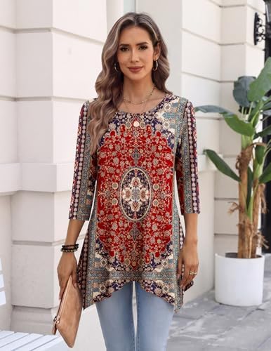 Zeagoo Womens Tops 3/4 Sleeve Loose Fit Dressy Tunics Plus Size Boho Shirts