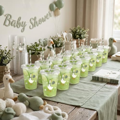 Jingmore 50 Set Silly Goose Sage Green 12 oz Plastic Cup with Lid and Straw