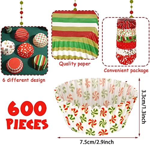 Potchen 600 Count Christmas Cupcake Liners Red Green Berry Snowflake Print Baking Cups Disposable Cupcake Wrappers Christmas Theme Muffin Liners Cupcake Holders for Xmas Party Supplies (Snowflake)