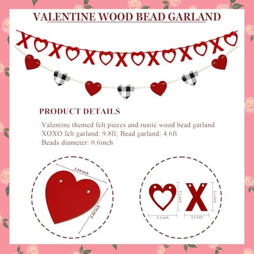 Valentine's Decoration, Red Black White Buffalo Plaid Heart Felt Wooden Bead Garland for Tiered Tray Hanging XOXO Felt Banner for Home Farmhouse Office Wall Fireplace Mantel Shelf Wedding Decor, 4.6Ft