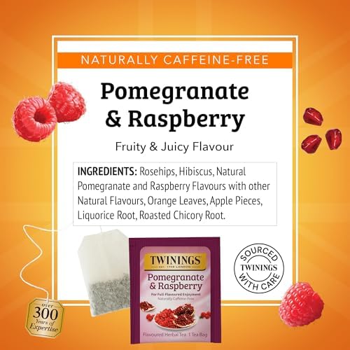 Twinings Pomegranate & Raspberry Herbal Tea Individually Wrapped Bags, 100 Count (Pack of 1), Naturally Caffeine-Free, Enjoy Hot or Iced, 100 Teabags