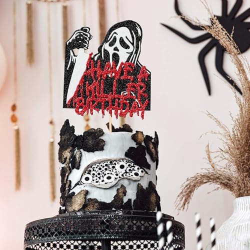 1 PCS Have a Killer Birthday Cake Topper Assembled Glitter Horror Classic Halloween Cake Pick for Bloody Horror Movie Theme Birthday Halloween Party Cake Decorations Supplies