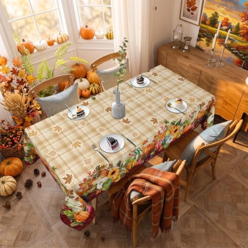 Fall Plaid Tablecloth Rectangle 60 x 84 Inch, Stain Resistant Washable Fabric Autumn Harvest Pumpkin Tablecloths Rectangular Fall Table Cloth Rectangle Table Cover for Kitchen Dining Party