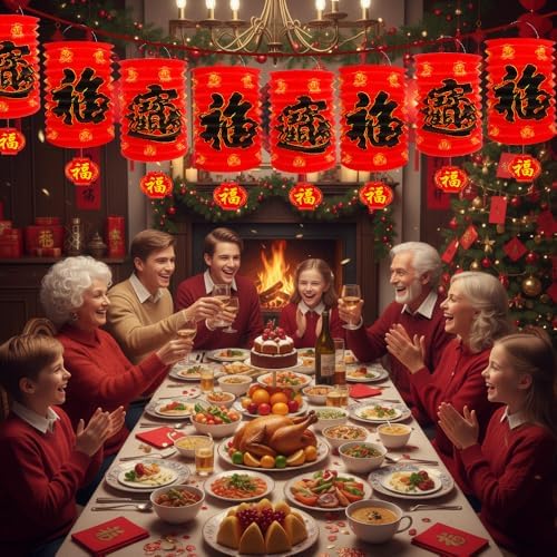 Chinese New Year Lanterns Decoration 2026, 6 Pcs Lunar New Year Red Fu Paper Lanterns, 6.2 x 11 Inches Lucky Fu Character Lantern Lunar Spring Festival Ceiling Hanging Decor for Home Restaurant Store