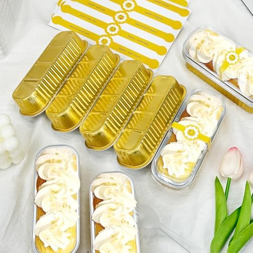 200Pack Gold Mini Cake Pans Disposable Mini Loaf Pans with Lids and Spoons and Stickers, 6.8Oz Aluminum Foil Pans Tins, Individual Dessert Cups Containers for Sales,Party,Picnics