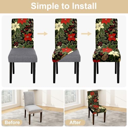 Christmas Chair Covers for Dining Room – Festive Holiday Floral Print Slipcovers with Red Poinsettia, Pinecones & Holly – Stretch Washable Dining Chair Protector for Winter Decor, Parties