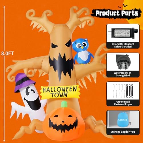 GOOSH 8 FT Halloween Inflatables Dead Tree Outdoor Decorations with Owl Ghosts and Pumpkins, Blow Up Yard Decorations with Built-in LED Lights for Outdoor Party Garden Lawn Decor (Movable)