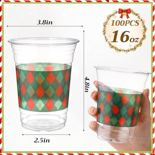 100 Pcs 16 oz Christmas Party Cups Red and Green Plaid Checkered