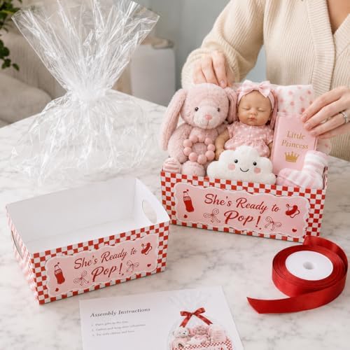 Cinrobiye 12 Pack Ready to Pop Baby Shower Favor Basket Set, Fill Your Own Party Favor Baskets with Clear Gift Bags & Ribbons, Empty Candy Gift Containers for Baby Shower, Gender Reveal, Birthday