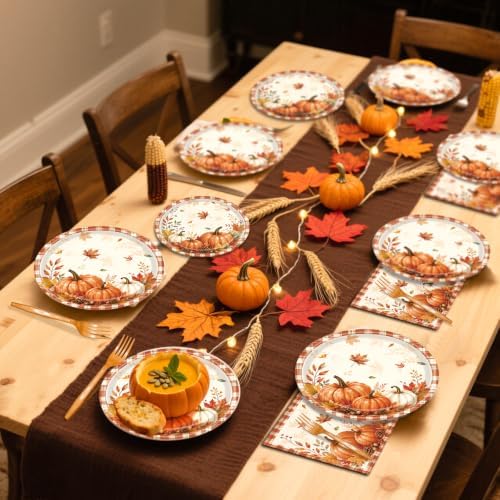 96 Pieces Fall Pumpkin Plates and Napkins, Autumn Thanksgiving Theme Maple Leaf Disposable Tableware with Paper Plates Napkins and Forks for Autumn Harves Thanksgiving Party Supplies - Serves 24