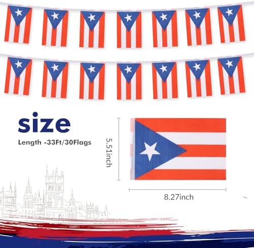 Puerto Rico Flag Banner, Small Mini Puerto Rican Flags Patriotic Decoration for Party, Classroom, Sports Events, 33 Feet 30 Flags
