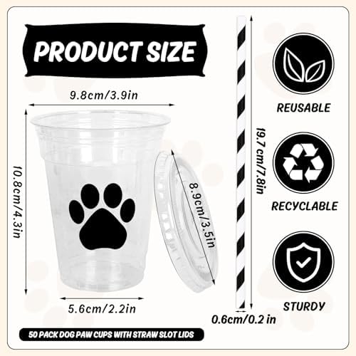 Whaline 50Pcs Paw Print Disposable Plastic Cups with Lids and Straws 12oz Dog Party Cups Black Cold Beverage Drinking Cups for Puppy Birthday Baby Shower Party Supplies