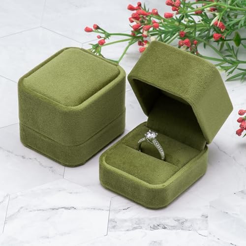 Velvet Single Ring Box Case Holder for Engagement Proposal Birthday Wedding,Jewelry Ring Gift Box Jewelry Packaging Box (Olive Green)