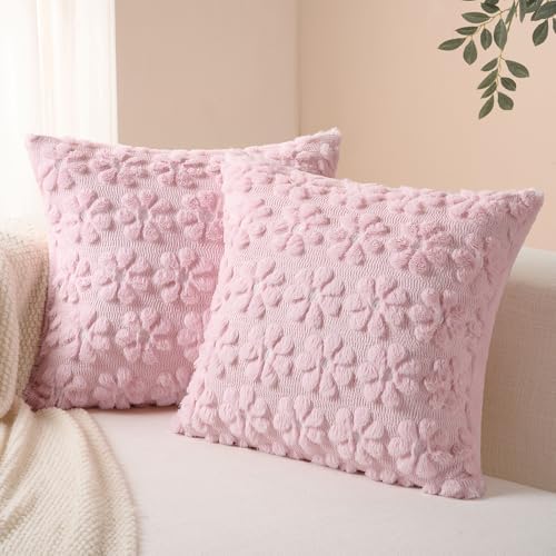 Softalker Spring Decorative Throw Pillow Covers 16 x 16 Inch Set of 2, Farmhouse Summer Floral Daisy Soft Faux Fur Cushion Covers, 3D Pillow Cases for Couch Bedroom Living Sofa Room Home Decor, Pink