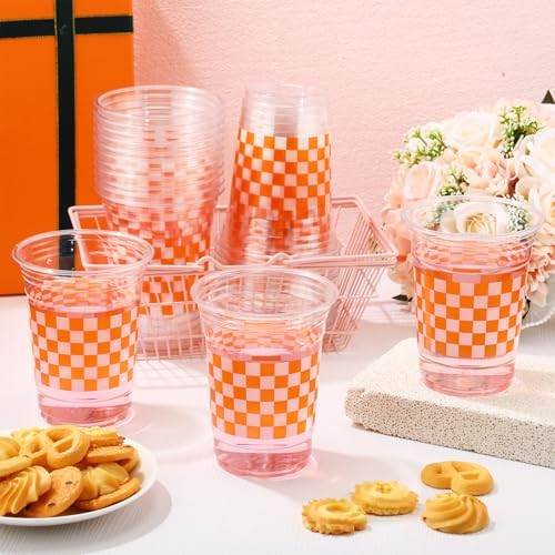 100 Pcs 16 oz Disposable Gingham Party Cups Orange Checkered