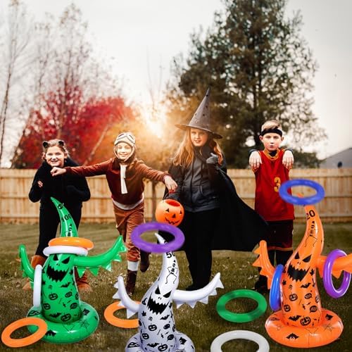 Halloween Ring Toss Game Set, 5 Pack Inflatable Ghost Witch Hat Ring Toss Fun Halloween Games for Kids Trunk or Treat Party Games Carnival Activities Indoor Outdoor Halloween Party Supplies