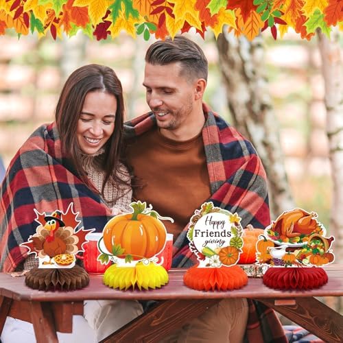 12 Pcs Thanksgiving Party Decoration Friendsgiving Honeycomb Centerpiece Happy Friendsgiving Table Decoration Fall Pumpkin Turkey Gobble Till You Wobble Thanksgiving Table Topper for Party Supplies