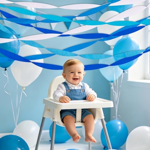 Blue Streamers 8 Rolls Crepe Paper Streamers Party Decorations for Blue Birthday Party, Wedding, Engagement, Bachelorette and Baby Shower Boy