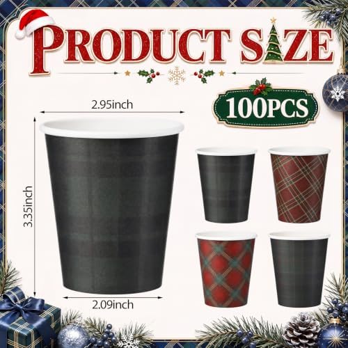 Funtery 100 Pcs Christmas Paper Cups 9oz Red Green Tartan Vintage Plaid Cup