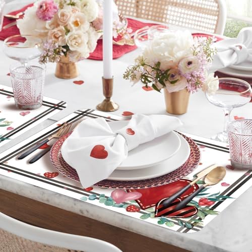 6 Set Valentine's Day Placemats, 11x16 Inch Heart Eucalyptus Leaves Branches Plastic Placemats Red Heart Branches Spring Holiday Table Mats for Wedding Party Festival Decor