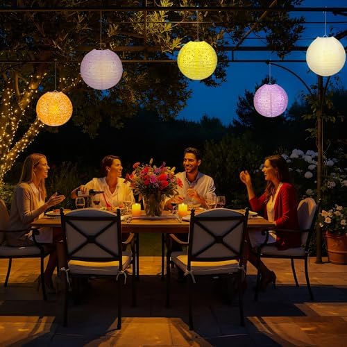 5Pack Paper Lanterns Chinese Japanese Hanging Paper Lanterns with LED Lights Sticks Tassels 8 Inch Round for Chinese Lunar New Year Party Decorations 2026 Spring Festival Wedding Asian Home Decor
