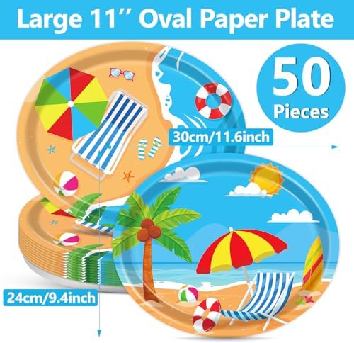 Qyeahkj 50 PCS Beach Oval Paper Plates Large 11” Disposable Pool Party Decorations Summer Platters Tableware Supplies Favor for Summer Hawaiian Luau Party Tableware Set