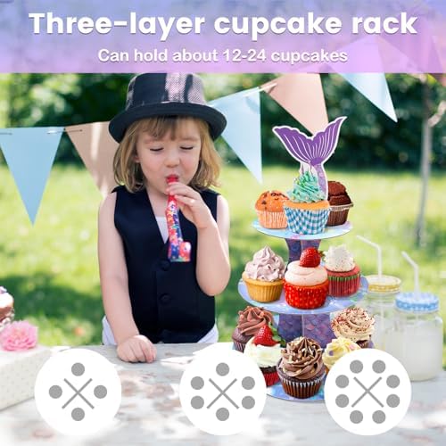 Mermaid Decor Cupcake Stand - 3 Tier Cupcake Tower Decorations Dessert Holder for Table Display Little Mermaid Birthday Party Decor