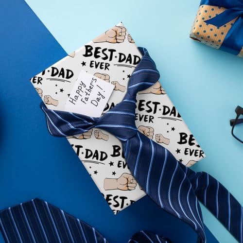 Cuitpan Father's Day Wrapping Paper - 4 Jumbo Sheets, 28x40 Inches, Best Dad Ever Fist Bump & Star Design, for Father's Day, Birthday & Dad Gifts