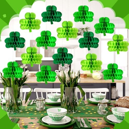 Gueevin 30 Pcs St Patricks Day Hanging Decorations St. Patrick's Day Honeycomb Balls Shamrock Honeycomb Paper Irish Ceiling Decor for Table Centerpiece Birthday Home Spring