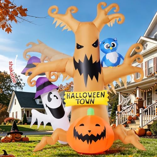 GOOSH 8 FT Halloween Inflatables Dead Tree Outdoor Decorations with Owl Ghosts and Pumpkins, Blow Up Yard Decorations with Built-in LED Lights for Outdoor Party Garden Lawn Decor (Movable)