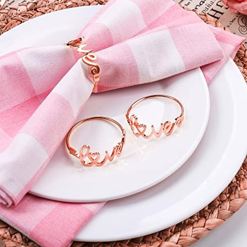 wonlex Valentines Napkin Rings Set of 12, Gold Napkin Holder for Valentine’s Day, Wedding, Banquet, Love Napkin Holders, Spring Serviette Buckles for Table Setting (Love - Rose Gold)