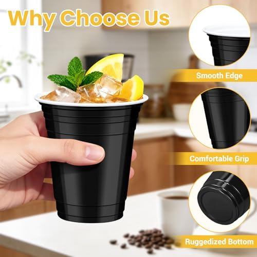50 Pcs Black Plastic Cups, 12 oz Disposable Cups for Party