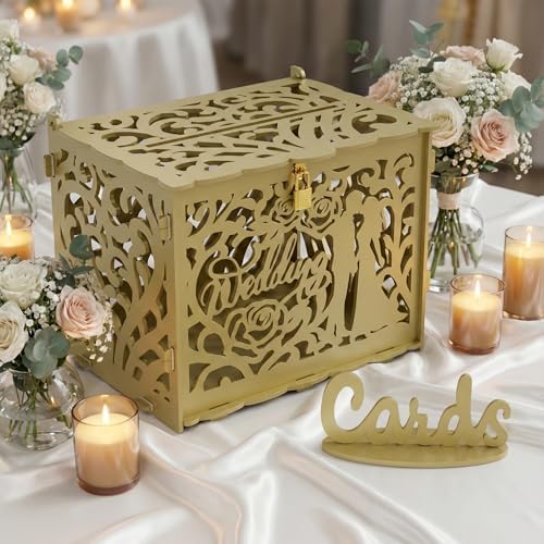 Jolik Rustic Wedding Card Box with Sign, Locking Gift Collection Money Holder for Wedding Reception & Party Decor, Gift Card & Envelope Storage, Anniversary & Birthday Party Decoration (Gold)