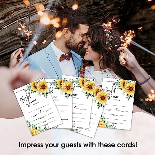 WwongxianB Set of 25 Bridal Shower Sunflower Invitations with Envelopes, Greenery Invites for Bridal Shower, Wedding Party Invitations, Fill in Style Invites Cards -009
