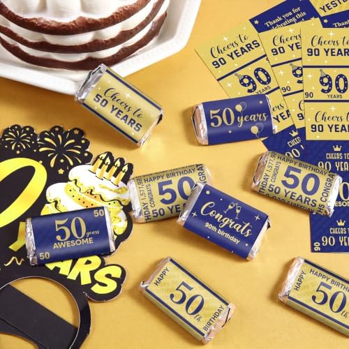 Tenare 90 Pcs 50th Birthday Candy Wrappers, Blue and Gold Stickers