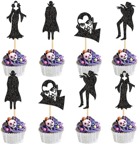 24Pcs Glitter Black Vampire Cupcake Toppers Halloween Cupcake Picks