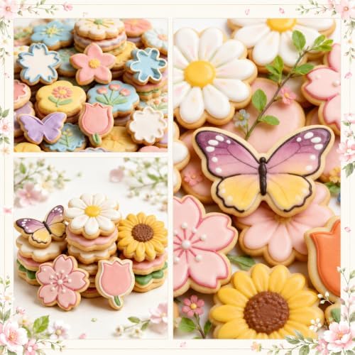 Flower Cookie Cutter Set, 6 PCS Tulip, Cherry Blossom, Frangipani, Daisy, Sunflower, Butterfly, Stainless Steel Holiday Cookie Cutter Shapes for Baking Biscuit Molds