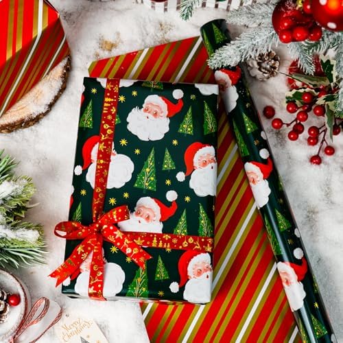 Yarcony Reversible Christmas Wrapping Paper, Green Santa Wrapping Paper, Funny Santa Claus, Tree, Stripe Pattern Christmas Gift Wrap With Metallic Foil Shine for Holiday (Mini Roll, 17 Inch X 33 Feet)