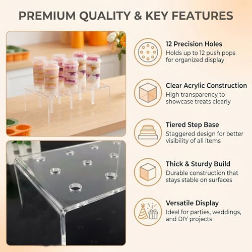 12 Hole Clear Acrylic Push Pop Cake Stand, Reusable Cake Pop Ice Cream Cone Holder Display Rack, Push Tube Containers Stand for Wedding Birthday Party Desserts Showcasing