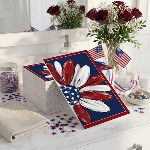 4th of July Disposable Paper Napkins, 200 Pcs Patriotic Flower Napkins for Bathroom Paper Towels for Guests, Red White Blue Napkins for Independence Day Memorial Day Patriotic Party Supplies