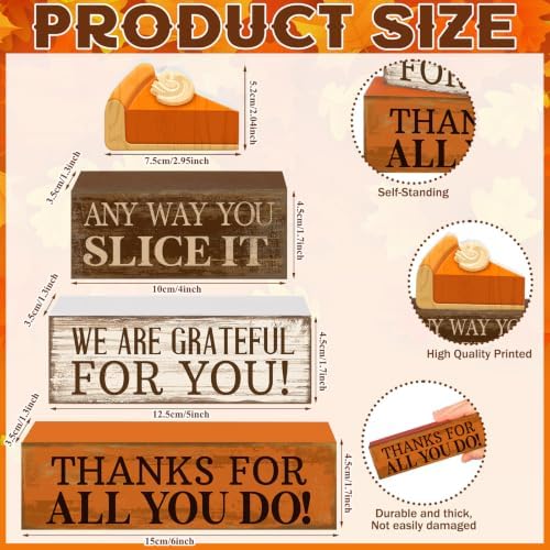 Moucuny 4 Pcs Fall Coffee Table Decor, Grateful Pumpkin Pie Wood Block Sign